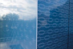 Steni.Blue facade with white patterns