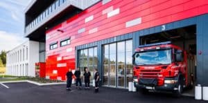 Red firestation with Steni Facade
