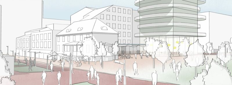 Hotellkvartalet i Ski med høye bærekraft ambisjoner. Illustrasjon Agave Studie.